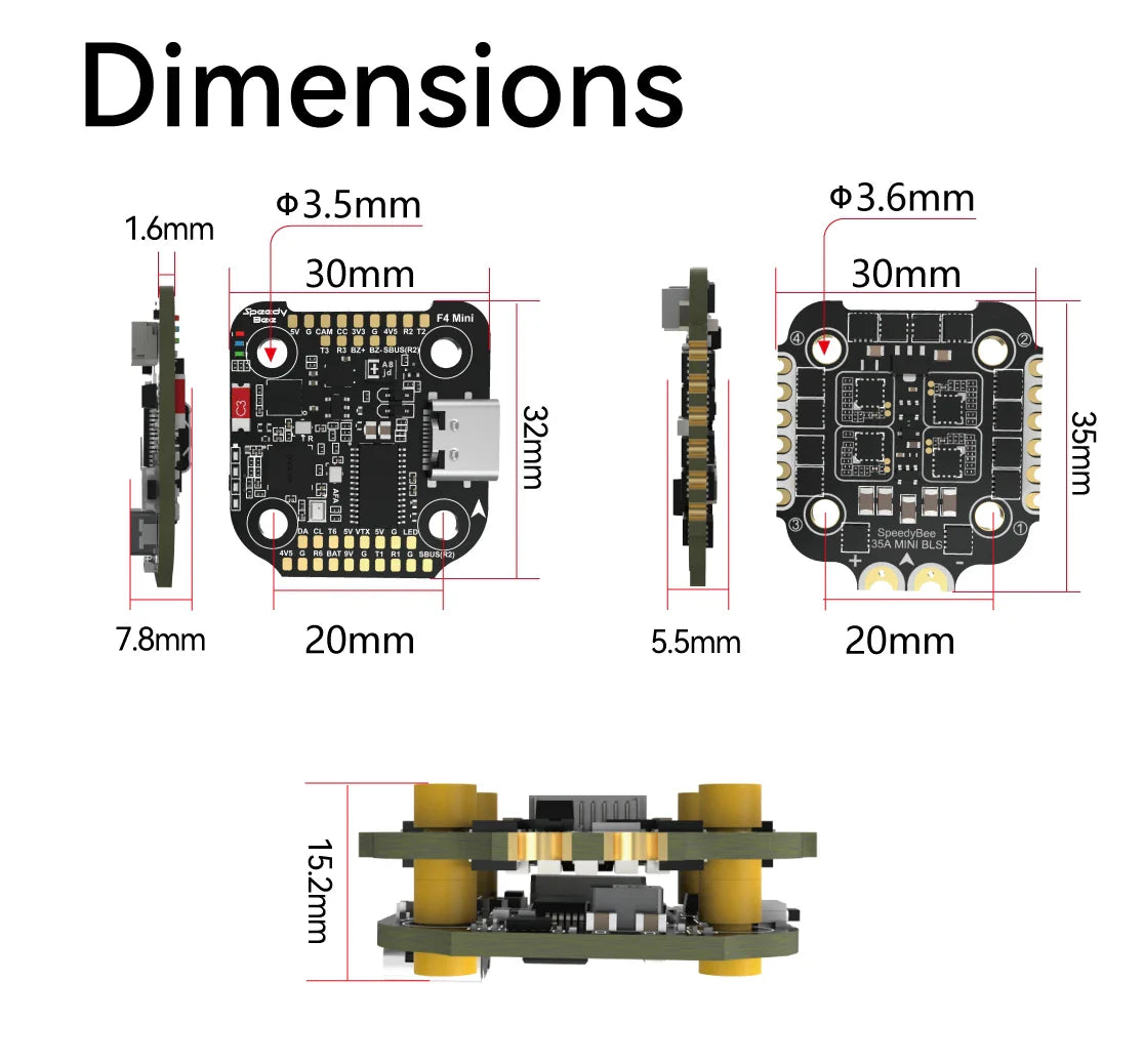 SpeedyBee F405 Mini Flight Controller + BLS 35A Mini V2 4-in-1 ESC — 20x20 for FPV Racing Drone