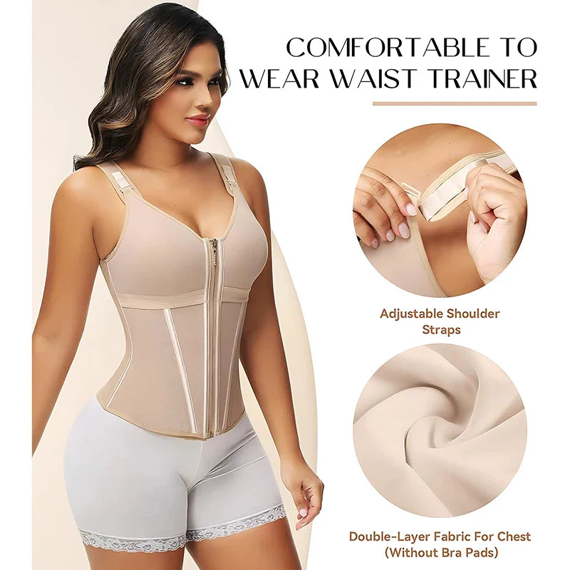 Double Compression Waist Trainer Corset – 17 Steel Bone Body Shaper Vest Bra, Flat Belly Slimming Fajas Colombianas