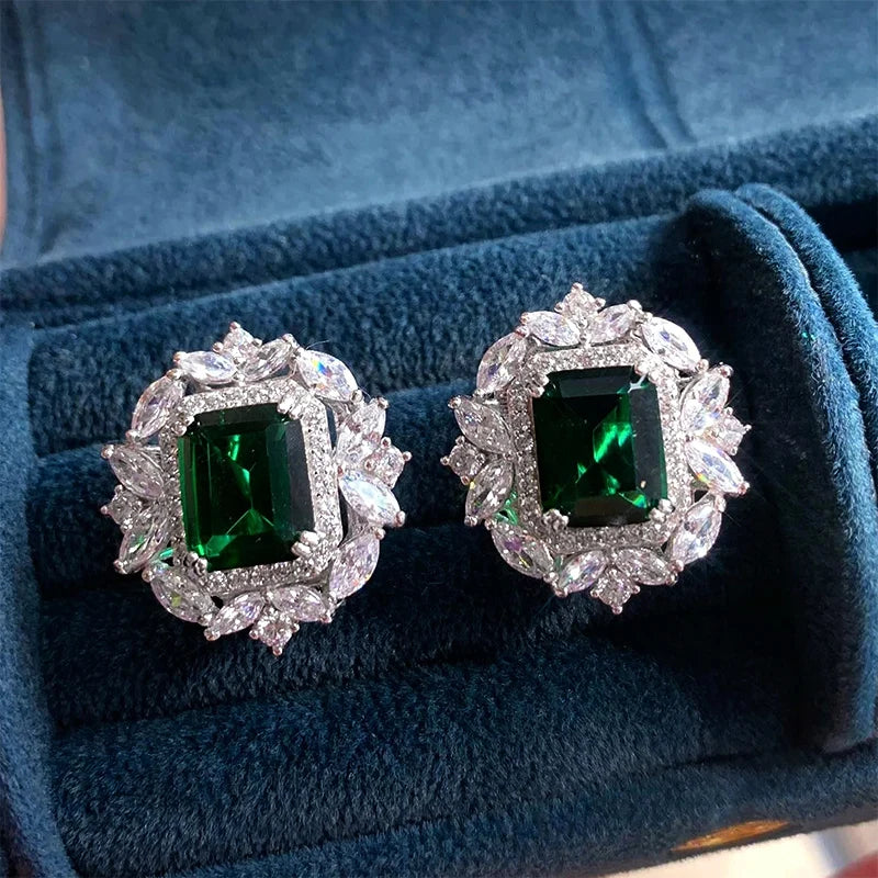 Huitan Luxury Women’s Ear Studs – Bright Green Zirconia Earrings, Delicate Design for Anniversary, Party & Jewelry Accessories