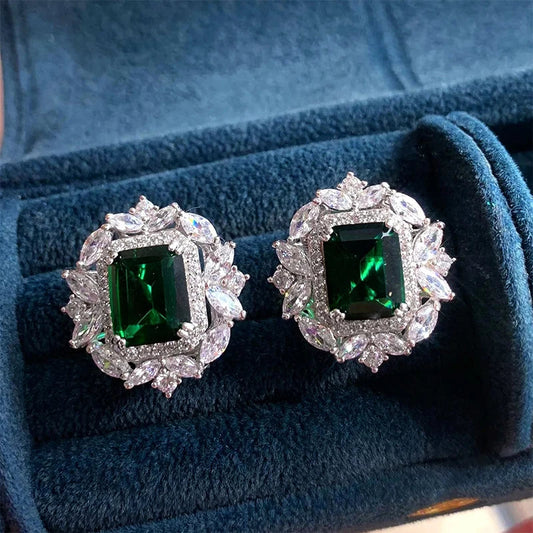 Huitan Luxury Women’s Ear Studs – Bright Green Zirconia Earrings, Delicate Design for Anniversary, Party & Jewelry Accessories