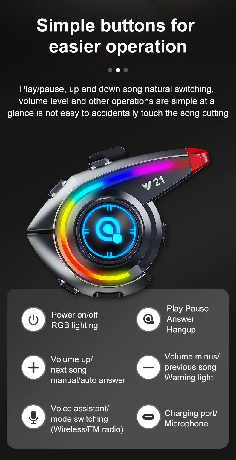 KEBIDUMEI Y21 Motorcycle Helmet Bluetooth Headset — Earphone Music Player with FM Radio & SOS Warning Light