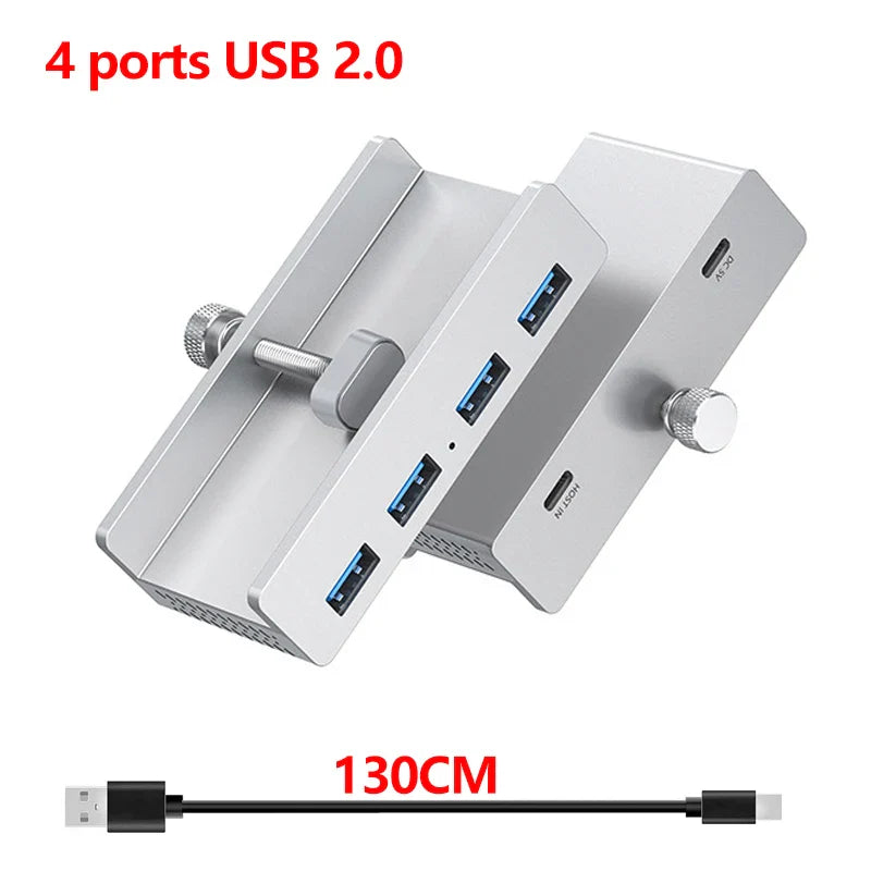 Aluminum 4-Port USB 3.0 Hub — High-Speed Clip Hub with Power Supply, 5–10Gbps Data Transfer, USB 3.2 for Mac & PC