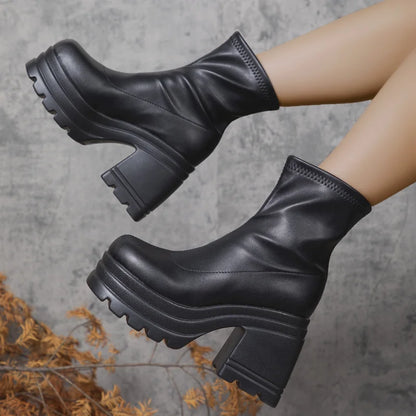 Women’s New Fashion Short Boots – Sexy Leather, Square Toe, Zipper High Heels, Casual Thick-Soled Shoes Zapatos