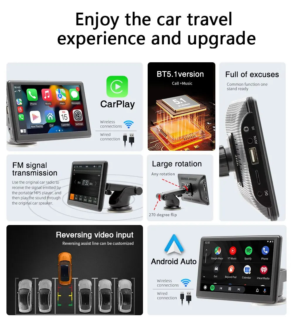 Universal 7-Inch Car Radio Multimedia Player – Wireless CarPlay & Android Auto Touchscreen with Sun Visor B500