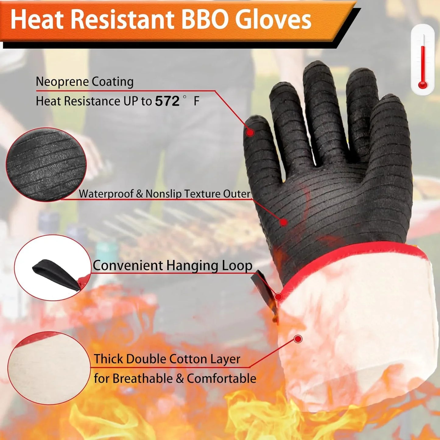 Heat Resistant BBQ Gloves - Waterproof Long Sleeve Fireproof Grill, Oven, Fryer & Smoker Gloves