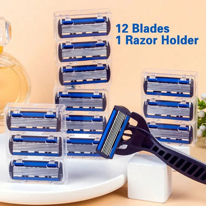 6-Layer Manual Safety Razor Set – 1 Handle + 12 Stainless Steel Replaceable Blades for Men & Women