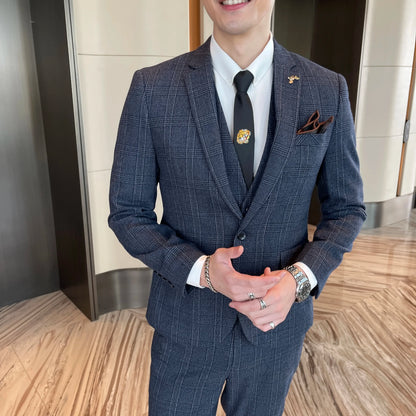Men’s British Korean Plaid Three-Piece Suit – Stylish Business Casual Set with Blazer, Vest & Trousers