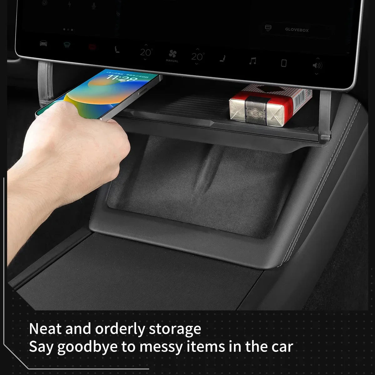 Hidden Under-Screen Storage Box for Tesla Model 3 Highland & Model Y 2024 LHD – Center Console Organizer Tray