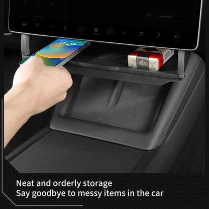 Hidden Under-Screen Storage Box for Tesla Model 3 Highland & Model Y 2024 LHD – Center Console Organizer Tray