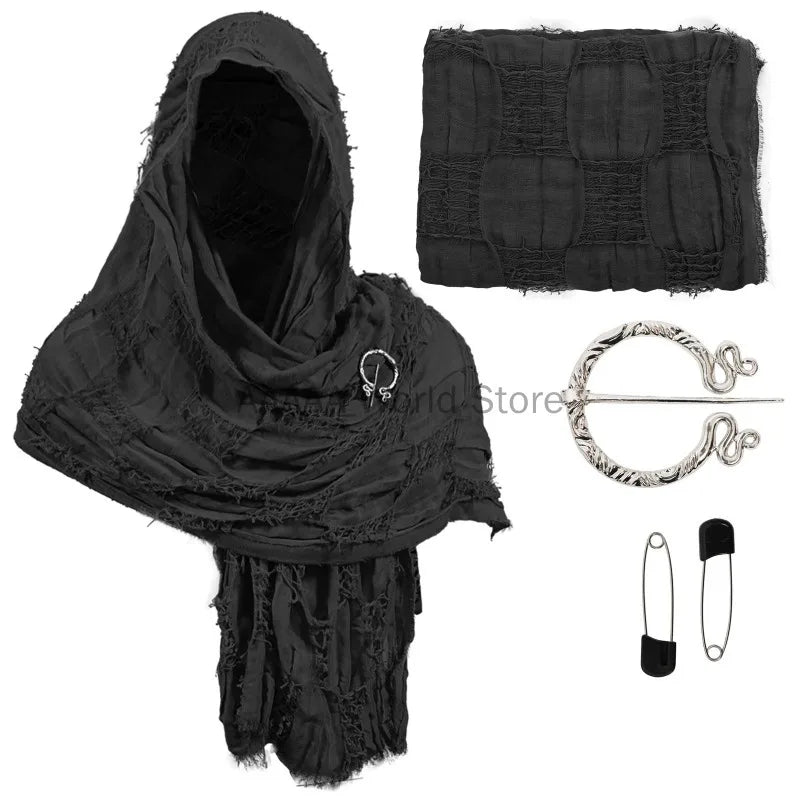 Medieval Renaissance Hooded Cloak – Halloween Costume Cape Wrap with Brooch, Cowl Scarf for Rogue Cosplay