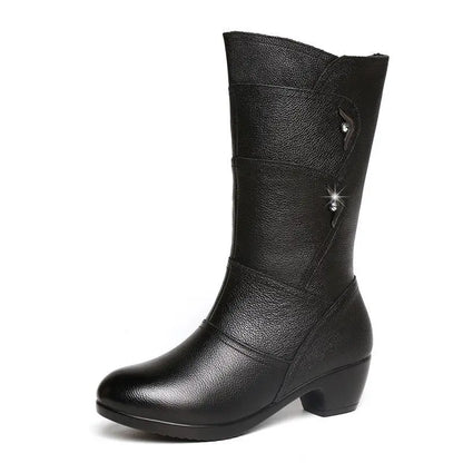 2024 Women’s Fashion Mid-Calf Boots – Waterproof Leather, Anti-Slip Zipper Winter Footwear