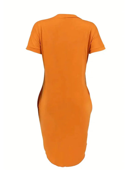 Women’s Solid Casual Dress – Crew Neck, Short Sleeve, Hip-Length Simple Outfit