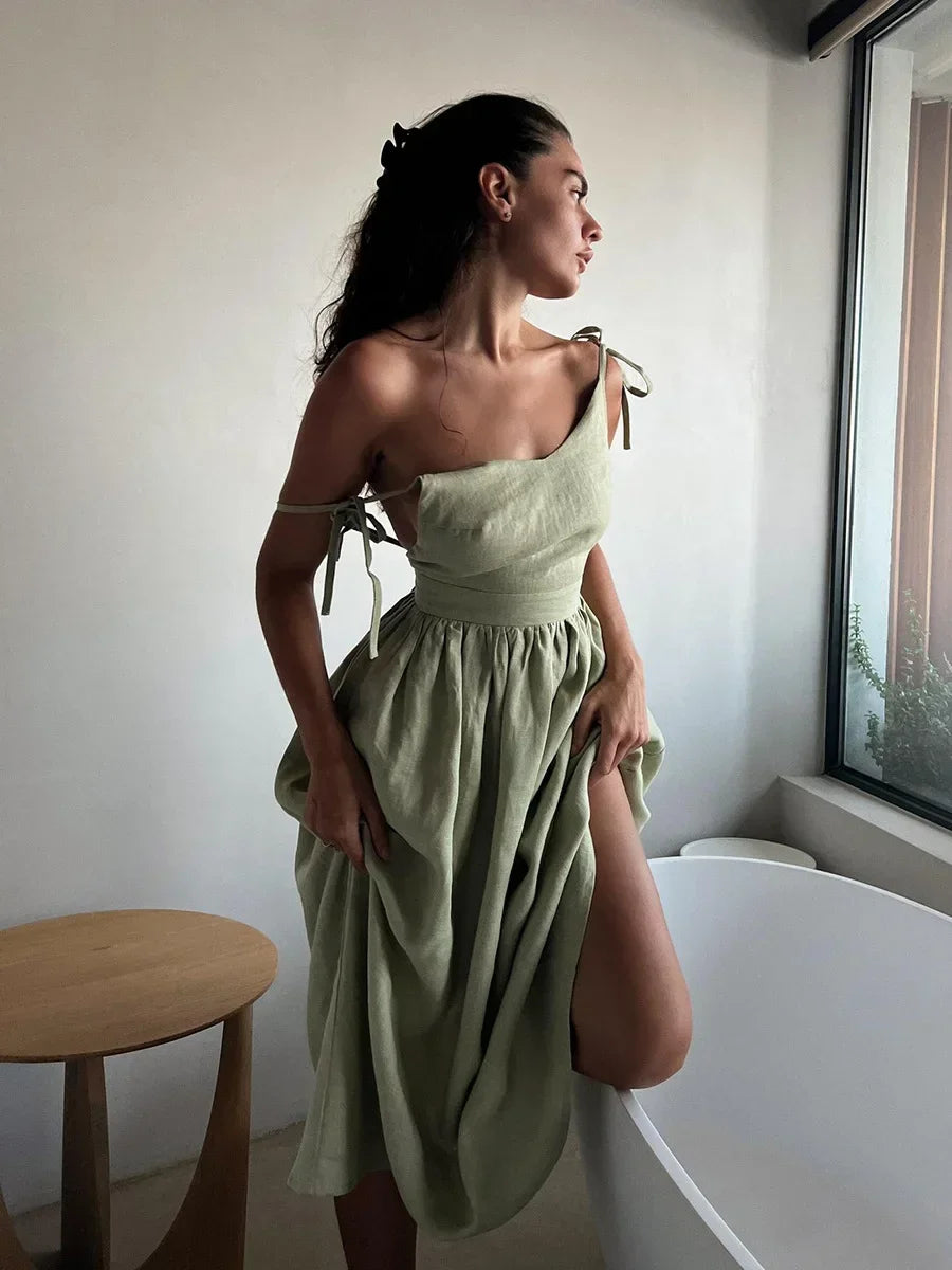 Bornladies Women’s Summer Beach A-Line Sling Dress – Vintage Loose V-Neck 100% Cotton Casual Sexy Hot Girl Style