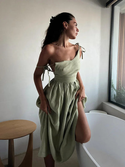 Bornladies Women’s Summer Beach A-Line Sling Dress – Vintage Loose V-Neck 100% Cotton Casual Sexy Hot Girl Style