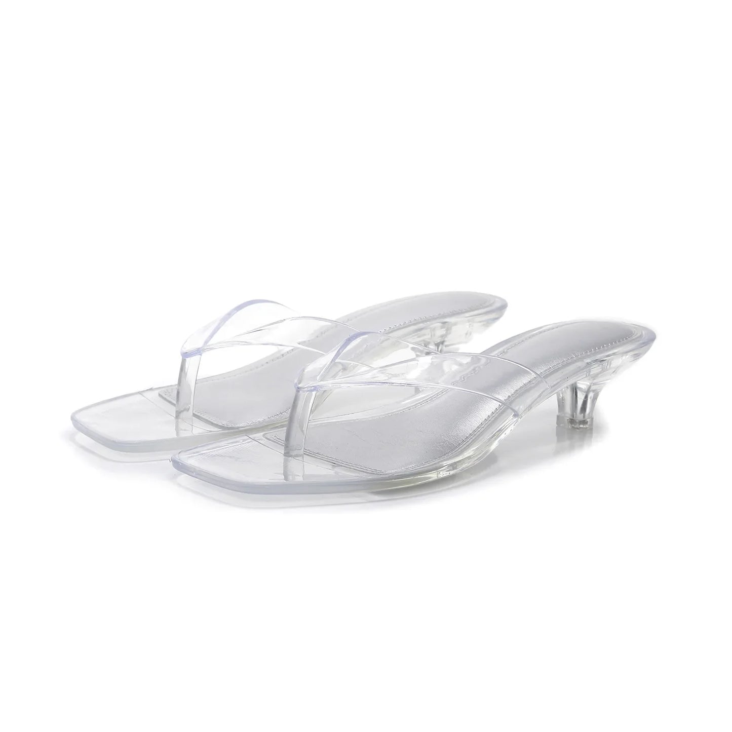 Women’s Crystal Jelly Slippers - Low Glass Heel Square Toe Summer Beach Sandals