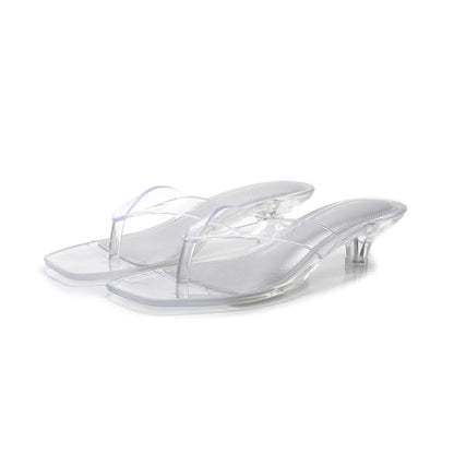 Women’s Crystal Jelly Slippers - Low Glass Heel Square Toe Summer Beach Sandals