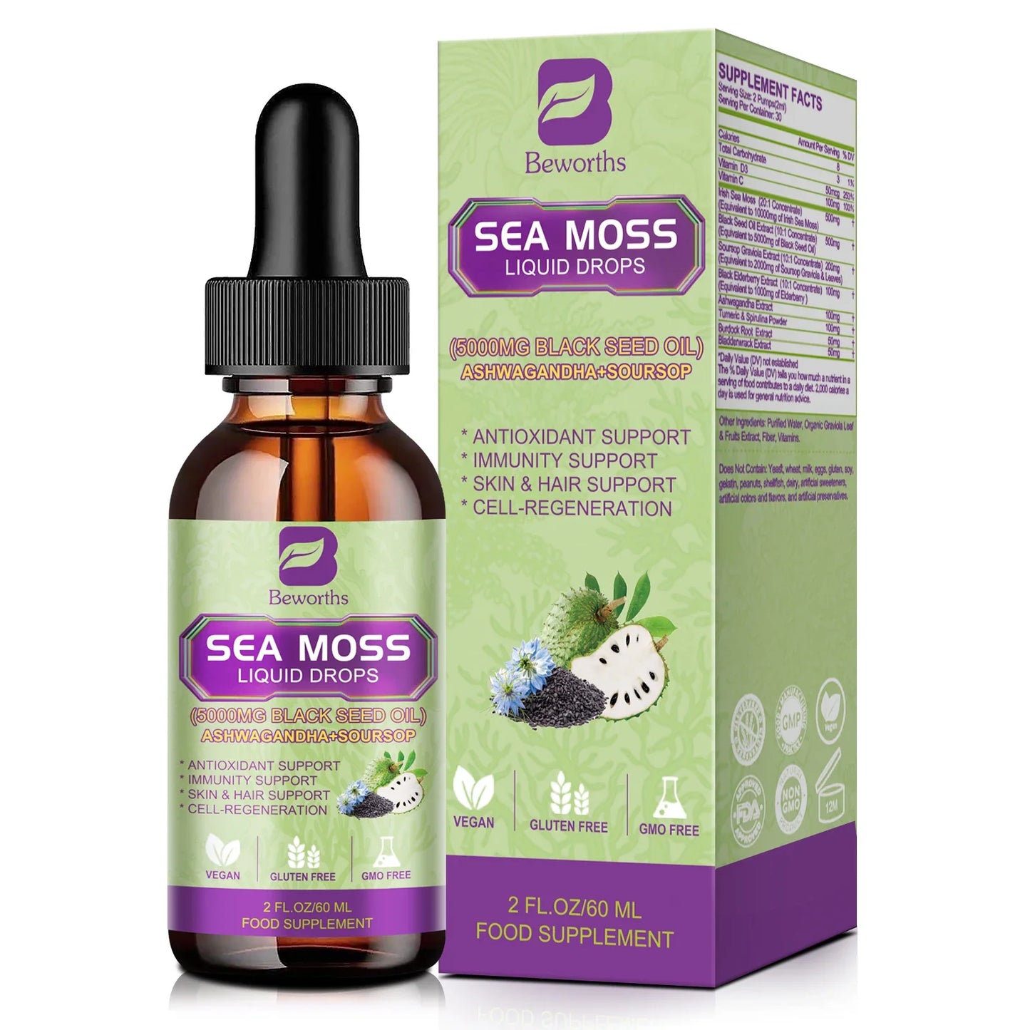 BEWORTHS Sea Moss & Soursop Graviola Extract Drops – Immunity, Kidney Health, Digestion & Antioxidant Support