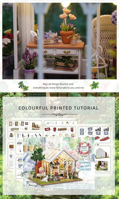 DIY Wooden Sunshine Greenhouse Cottage – Miniature Dollhouse Kit with Furniture for Friends' Gifts