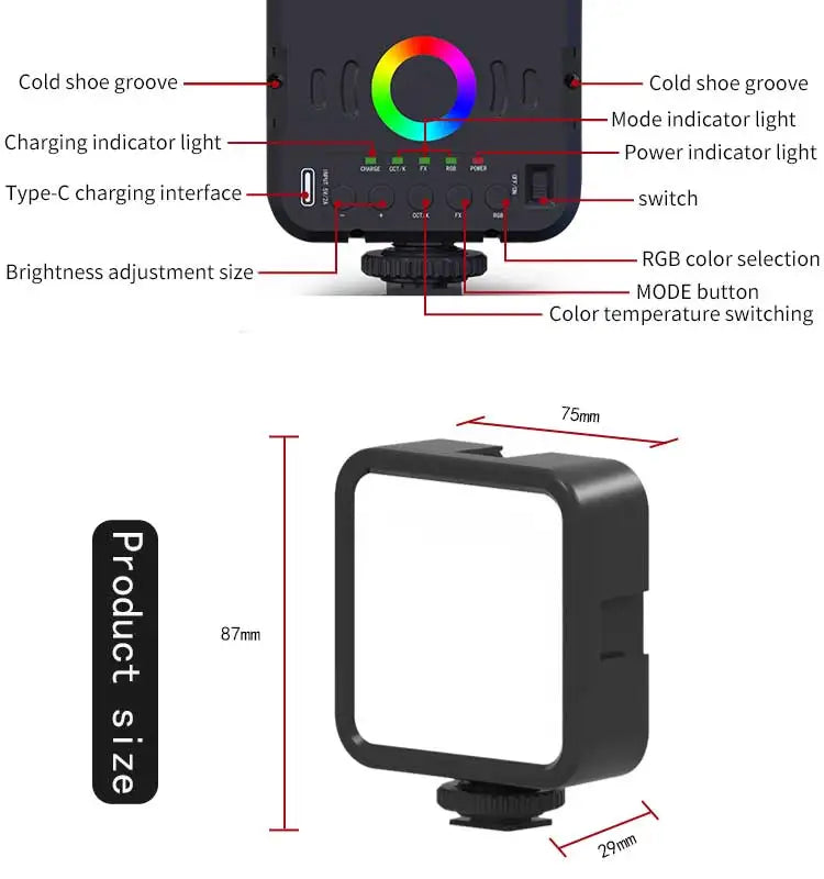 Mini RGB Portable LED Fill Light – Adjustable Hot Shoe Light for Live Photography & Mobile Cameras