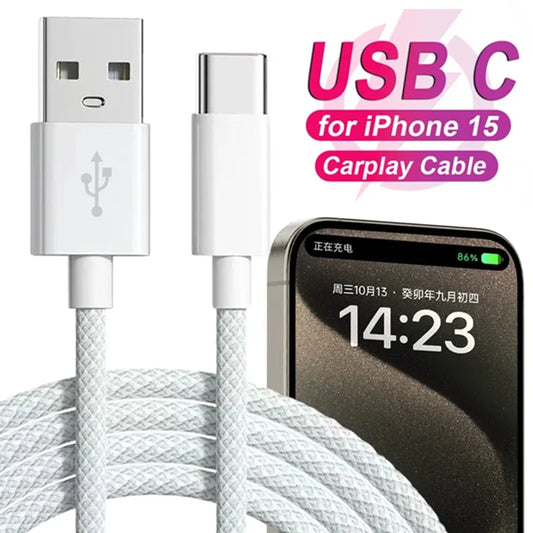 USB C Fast Charging Cable – USB A to Type C Nylon Braided Cord for Apple CarPlay, iPhone 15/15 Pro/15 Pro Max/15 Plus