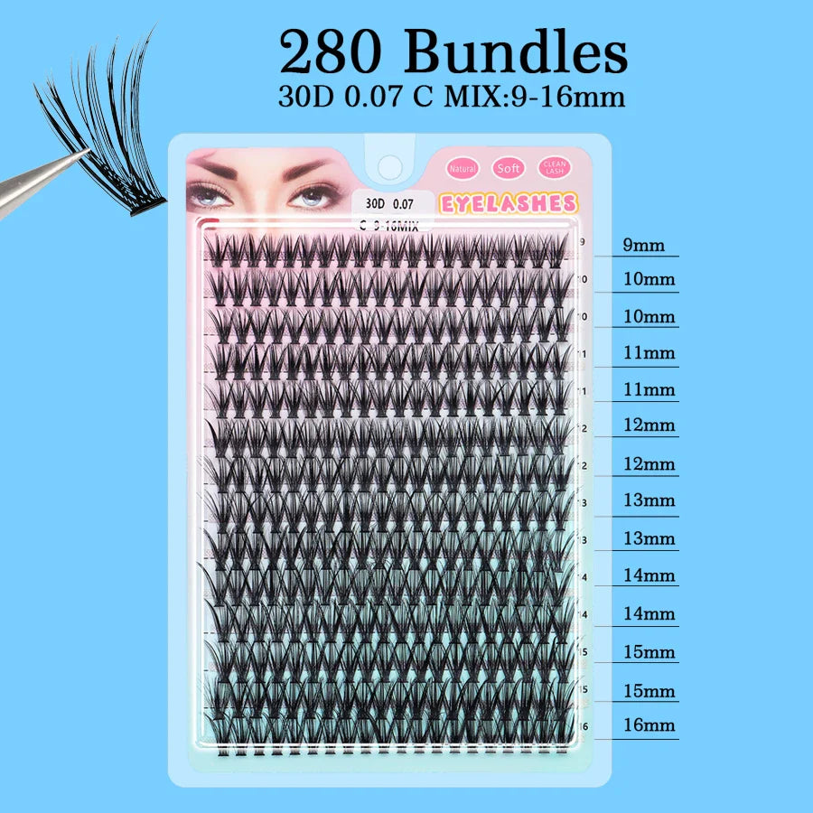 Individual Cluster Lashes – 20-100D Natural Look DIY Eyelash Extensions, 280pcs Mixed Tray Volume Lashes