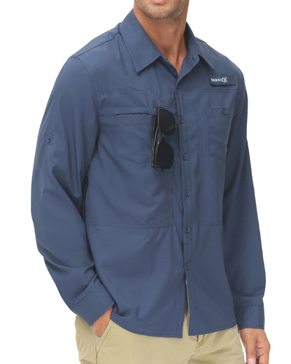 Men's UPF 50+ Long Sleeve Fishing Shirt – Sun Protection Breathable Hiking & Work Shirt with Zipper Pocket