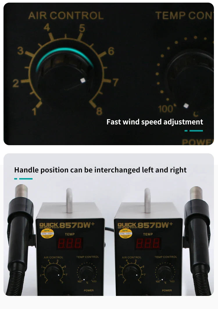 QUICK 857DW+ Dual Hot Air Desoldering Station – Intelligent SMD PCB & BGA Repair Tool for Welding and Desoldering