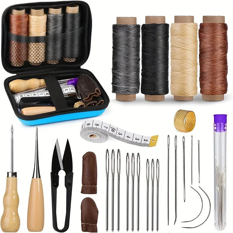 Leather Working Kit – Sewing Tools with Large Eye Needle, Waxed Thread, and Leather Upholstery Repair Accessories