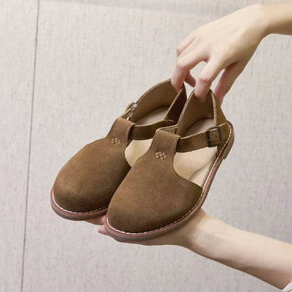 AIYUQI Women’s Retro Leather Sandals 2024 — Flat Sole Hollow Roman Style Summer Shoes