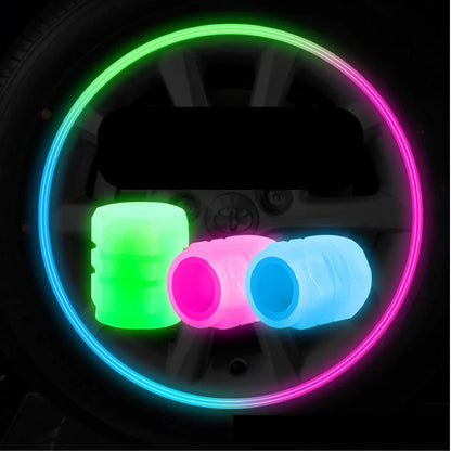 Luminous Valve Caps - Fluorescent Green and Blue Night Glowing Wheel Styling, Universal Car, Motorcycle, Bicycle Tyre Hub Decor, 4 Pcs