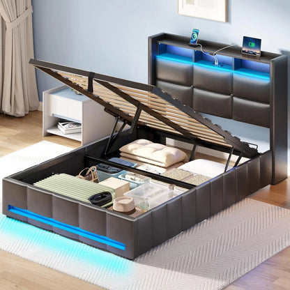 Twin Size Bed Frame with Lift-Up Storage – Charging Station, LED Lights & Upholstered Headboard, Heavy Duty Wooden Slats