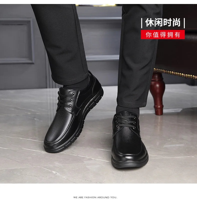 Men's Genuine Leather Casual Shoes - Soft Sole Lace-Up Loafers, Luxury Brand for Middle-Aged & Older Adults, Lightweight Dad Shoes