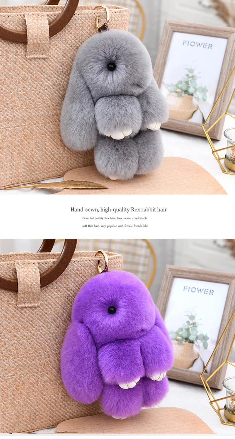 100% Natural Rex Rabbit Fur Keychain – Fluffy Bunny Bag Charm, Doll Toy & Lovely Pendant