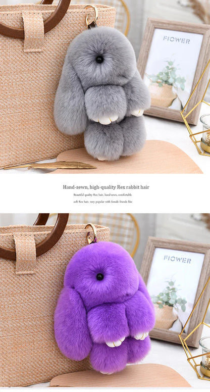 100% Natural Rex Rabbit Fur Keychain – Fluffy Bunny Bag Charm, Doll Toy & Lovely Pendant