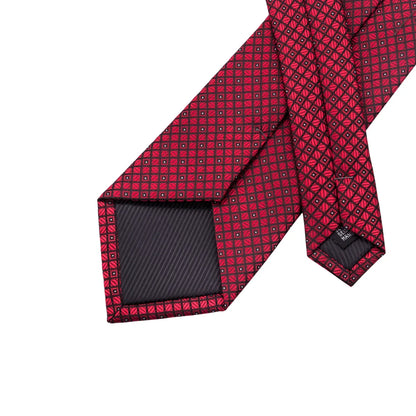 Hi-Tie Red Burgundy Plaid Silk Tie Set — Designer Men’s Necktie with Handkerchief & Cufflinks for Wedding or Business