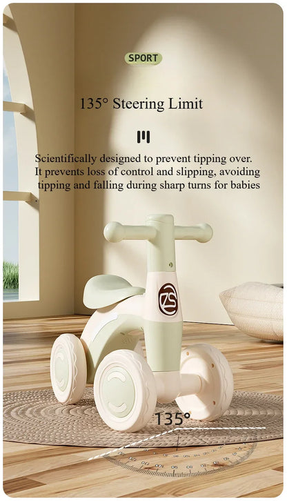 Anti-Tip Baby Balance Bike — 4-Wheel Silent Glider Walker for Ages 1-3, Toddler Training Ride-On with Safety Wheels for Indoor & Outdoor Use