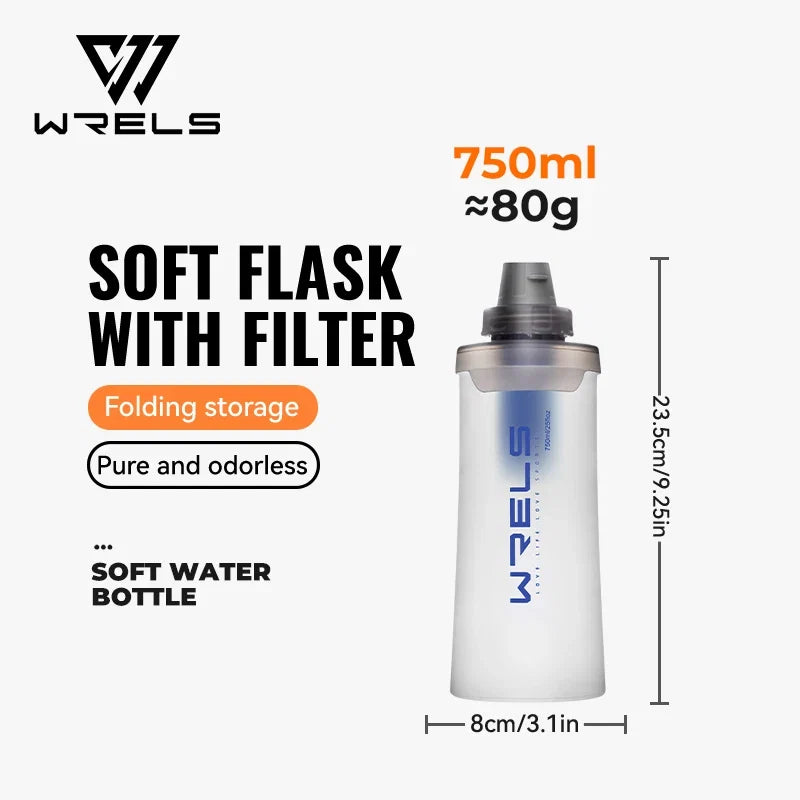 WRELS Soft Water Bottle with Filter - Ultralight Collapsible Hiking & Camping Hydration Flask