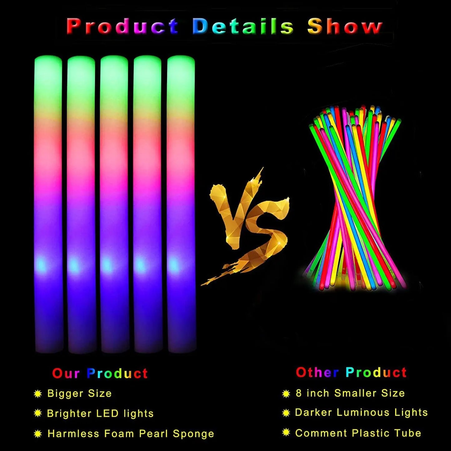 30Pcs Foam Glow Sticks – Colorful LED Flashing Glow Sticks with 3 Modes for Parties, Weddings & Concerts