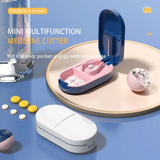 2-in-1 Pill Cutter with Invisible Storage Box – Portable Mini Tablet & Medicine Crusher, Dustproof Divider Organizer