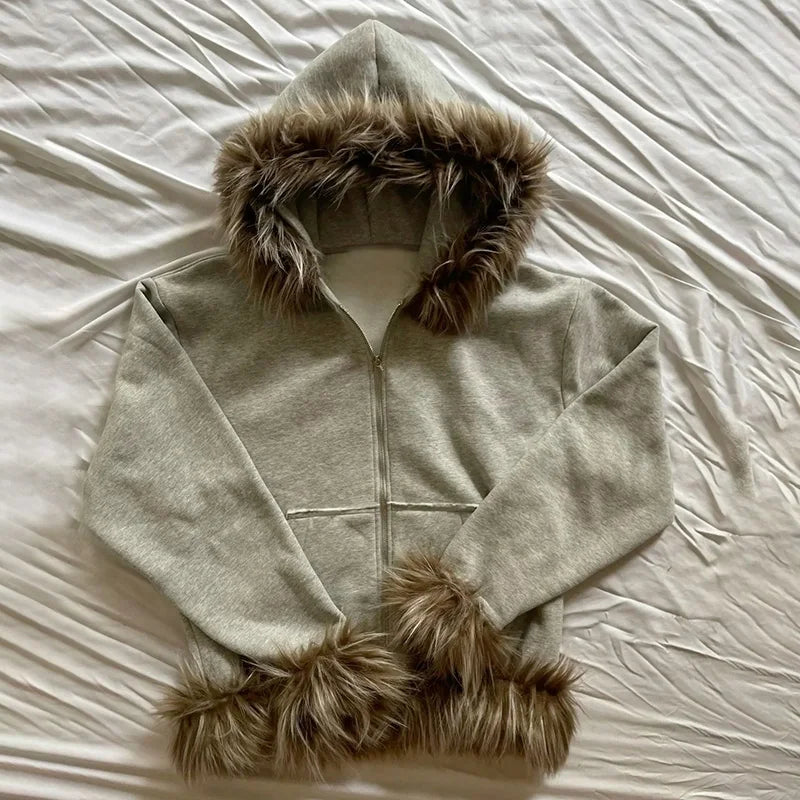 Y2K Zip-Up Hoodie with Faux Fur Collar – Harajuku Rock Goth Retro Punk Loose Jacket for Hip Hop Streetwear