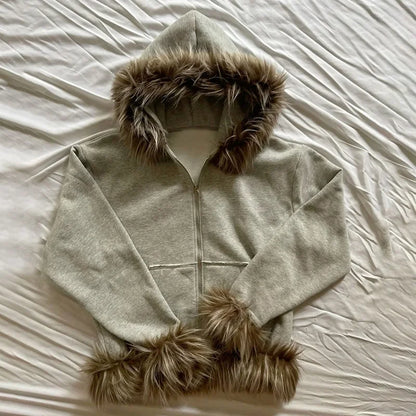 Y2K Zip-Up Hoodie with Faux Fur Collar – Harajuku Rock Goth Retro Punk Loose Jacket for Hip Hop Streetwear