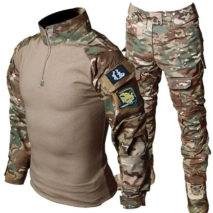 Men’s Camo Tactical Uniform Set | Ripstop Airsoft Suit with Multi-Pocket Pants & Training Shirt for Hunting or Paintball