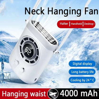 Neck Hanging Portable Fan – Silent Mini Cooling Fan with Strong Wind, USB Rechargeable, Outdoor & Desktop Use