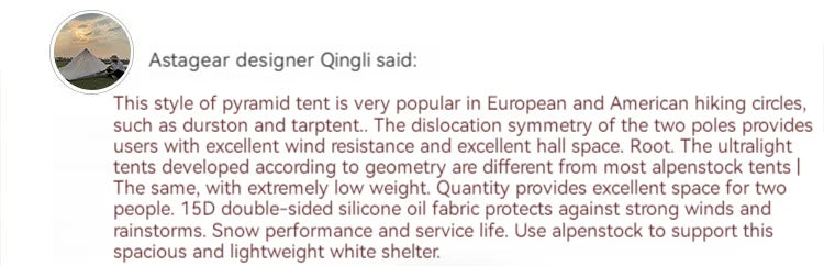 ASTA GEAR Yun Chuan 15D Nylon Ultralight Tent – Double-Sided Silicon-Coated, Rodless Pyramid Design for Camping & Hiking