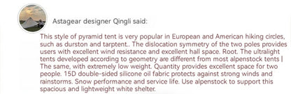 ASTA GEAR Yun Chuan 15D Nylon Ultralight Tent – Double-Sided Silicon-Coated, Rodless Pyramid Design for Camping & Hiking