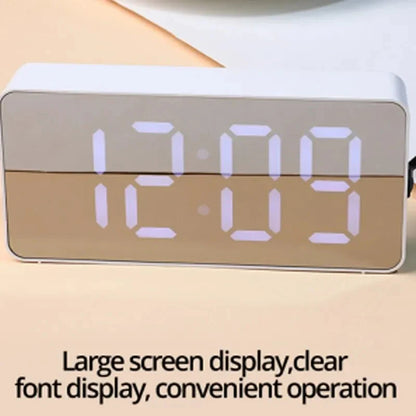 White LED Mirror Alarm Clock – USB Desktop Clock with Time Display, Snooze & Night Light for Home Decor