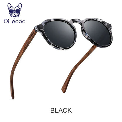 Oi Wood Round Sunglasses — Walnut Wood Frames with Red Lens & Tortoise Shell Design for Men & Women