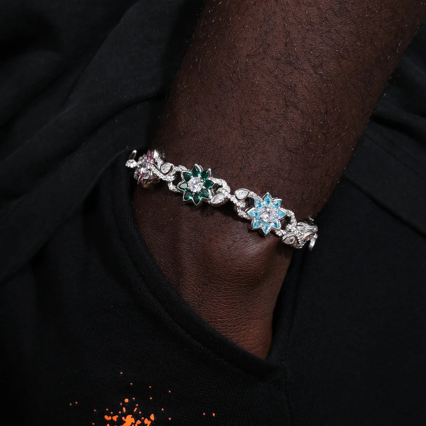 New Iced Out Moissanite Chain Necklace & Colorful Flower Bracelet – Hip Hop S925 Silver, 18K Plated Jewelry for Men & Women