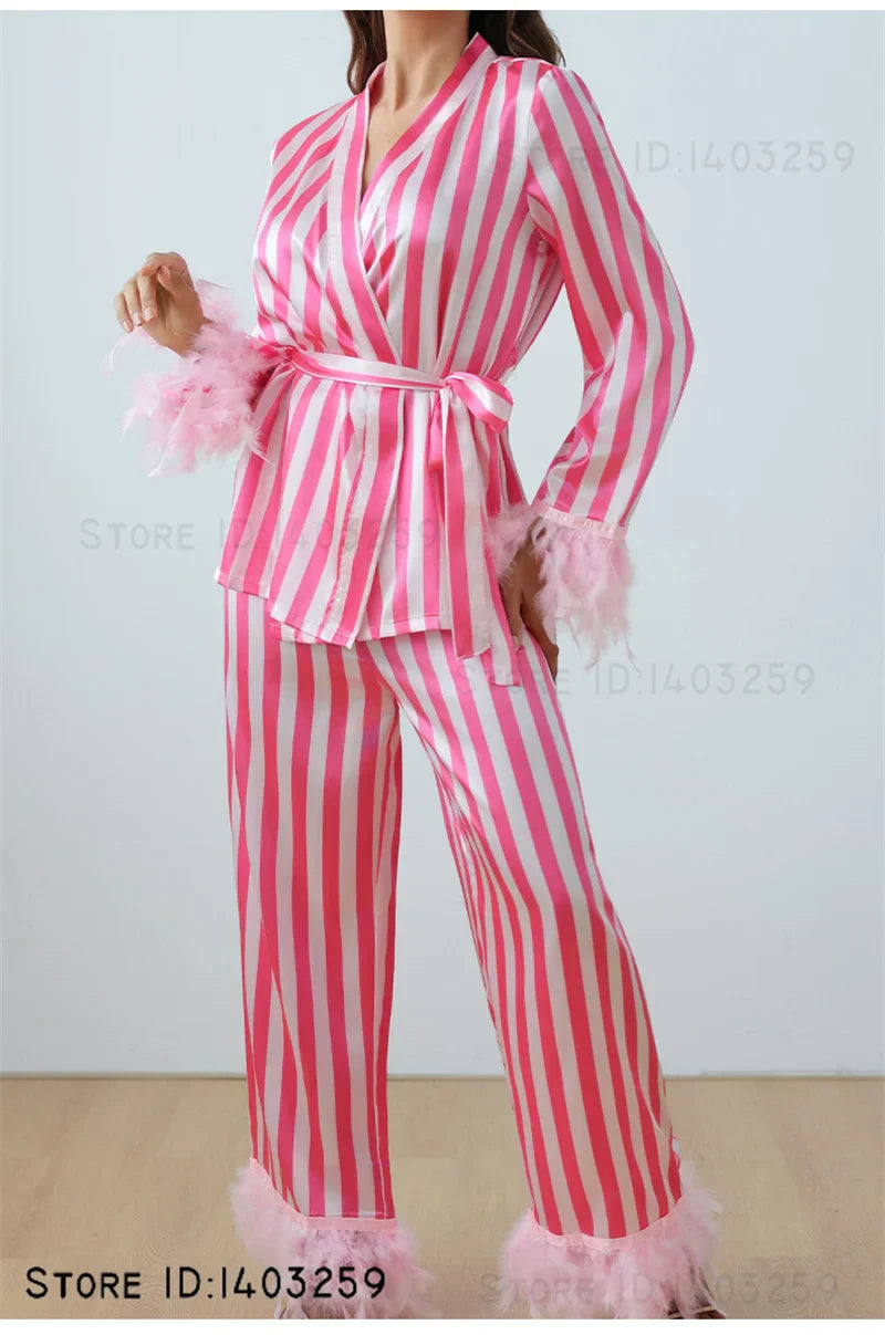 Women’s Pink Striped Pajamas Set – Satin Long Sleeve Loungewear & Loose Casual Home Wear