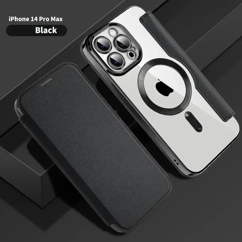 Electroplated Flip Leather Case for iPhone 16, 15, 14, 13, 12 & 11 Plus Pro Max – Luxury MagSafe Wireless Charging Protective Cover